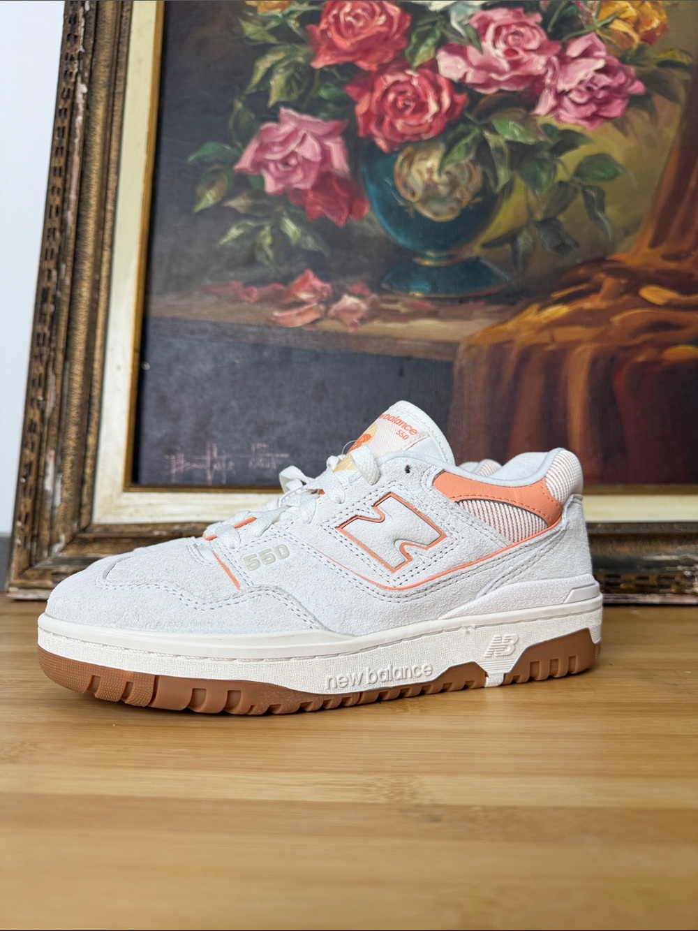New Balance 550 White with Peach Accent Suede Basic Sneakers